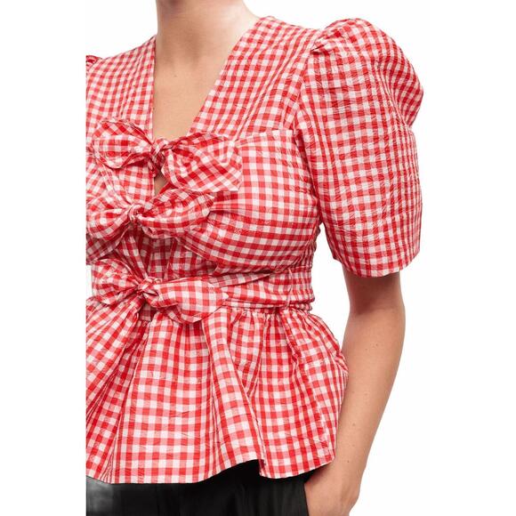 NEW GANNI crinkled check taffeta blouse in red alert - Picture 4 of 5